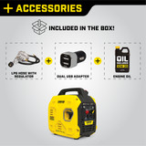 The Champion 201183 Dual Fuel 2500 Generator comes with LPG Regulator Hose, USB Adapter, 10W-30 Oil.
