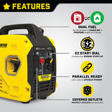 Champion Dual Fuel Generator 2500 Watts Runs on Propane or Gasoline, make just 53 dBA noise at 23 feet and runs parallel with a second inverter generator. Clean Electricity for Sensitive Electronics. CO Shield Safety