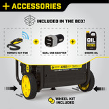 Champion Inverter Generator Included Accessories include the Wheel Kit, Remote Fob, Engine Oil, Oil Funnel, USB Adapter, and Battery 