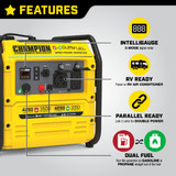 Champion 3500 Watt Dual Fuel Inverter Generator Features: 3-Mode Intelligauge, RV Ready TT-30R Outlet, Parallel Ready for 2X Power, Dual Fuel Operation