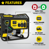 Champion 3500 Dual Fuel Generator Features: Dual Fuel Operation on Gasoline and LP Propane, 3-Mode Intelligauge, RV Ready TT-30R Outlet, Cold Start Technology for Easy Starts