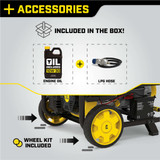 Included Accessories with the 8500 Watt Generator Include a Never-Flat Wheel Kit, 1 Bottle of Engine Oil, and the LP Regulator Hose