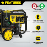 Champion 9200W Generator Features: Dual Fuel—Propane or Gasoline, GFCI Outlets, Intelligauge 4-Mode Digital Display, Covered Outlets