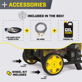 Accessories included with the 6500 Watt Champion Generator: Never Flat Wheel Kit, LP Regulator Hose, NG Connection Hose, and Engine Oil