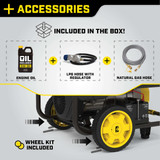 Accessories Included with the Best 12000 Watt Generator by Champion Power Equipment include 5W-30 Engine Oil, NG Connection Hose, LP Regulator Hose, and Never Flat Wheels