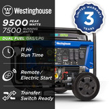 Westinghouse WGen7500DFc Features: Dual Fuel Gasoline/Propane–7500/6750 Watts and 9500/8550 Starting Watts, Gasoline Run 11 Hours, Propane Run 8 Hours, Remote Electric Start, Transfer Switch Ready for Home Backup.