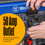 Westinghouse 9500 Watt Tri-Fuel Generator 50-Amp Outlet Callout. Man Plugging 50-Amp Generator into 50-Amp Outlet. The 50-Amp Outlet is Perfect for a 50-Amp Manual Transfer Switch