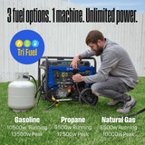 A Man Connects Plugs a 50-Amp Generator Cord into the WGEn10500TFc Outlet for use with a Manual Transfer Switch. A 20-Propane Tank Connected to the Genertor Provides Fuel. Callout- 3 Fuel Options, 1 Machine. Unlimited Power. Gasoline 10500 Watts, Propane 9500 Watts, Natural Gas 8500 Watts