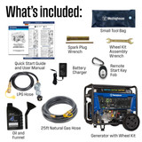 Included with the Westinghouse 10500 Watt Tri Fuel Generator: 25-Foot NG Hose, Engine Oil, Oil Funnel, LPG Regulator Hose, Battery Charger, Remote Start Fob, Wheel Kit Wrench, Spark Plug Wrench, Tool Bag, Warranty, Emissions Warranty, Owner Manual, Quick Start Guide