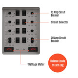 Front Panel of the Westinghouse 30 Amp Manual Transfer Switch with Circuit Breakers and Selector Switches Labeled