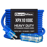 DuroMax XPX10100C 100 ft Power Cord. Blue, Premium Heavy Duty TPE Sheath, Lighted Triple Tap Outlet, and 120-Volt Plug.