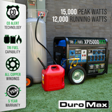 DuroMax XP15000HXT 15000 Watt Tri Fuel Generator Features Include CO Alert & Shutdown, Dual Fuel Capability, All Copper Windings, 5-Year Warranty. 12000 Watts—15000 Peak Watts