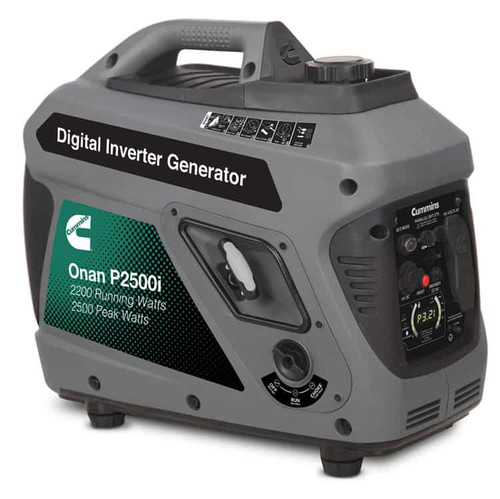 The Cummins P2500i Inverter Generator. Gray Case with Green & Black Logos, recoil start, and front control panel.