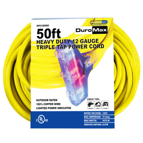 DuroMax 50 ft Extension Cord 12 Gauge with Lighted Triple Outlet XPC12050C