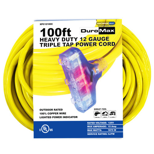 DuroMax 100ft 12 Gauge Extension Cord Triple Outlet 120-Volt Heavy Duty XPC12100C