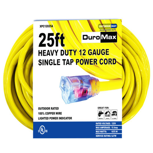 DuroMax 25 Foot 12 Gauge Power Cord with Single Lighted Outlet. XPC12025A