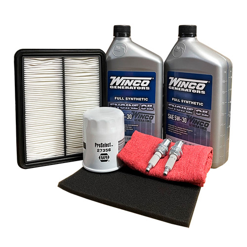 Winco Maintenance Kit for 12kW PSS12 Winco Generators. Pre-Air Filter, Air Filter, Oil Filter, 2 Quarts Oil, and 2 Spark Plugs.