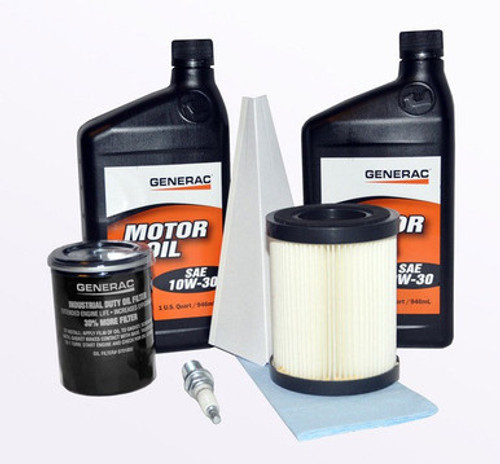 Generac Maintenance Kit for 8kW 410cc Generators Made in 2008 or Later. Pictured are 2 quarts of oil, spark plug, oil filter, air filter, shop towel, and funnel