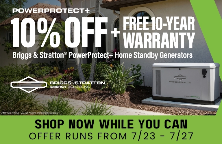 Briggs & Stratton Sale Banner: A Briggs & Stratton Generators overlay the image. Text reads: Free 10 year extended warranty on 13, 22, & 26kW Briggs HSB Generators