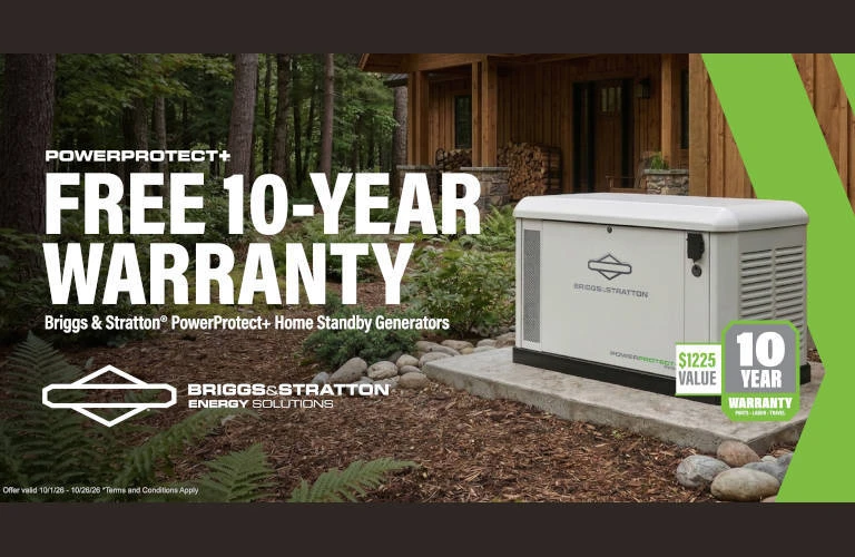 Briggs & Stratton Banner: A Briggs & Stratton Generators overlay the image. Text Reads: The most powerful line of Home Standby Generators.