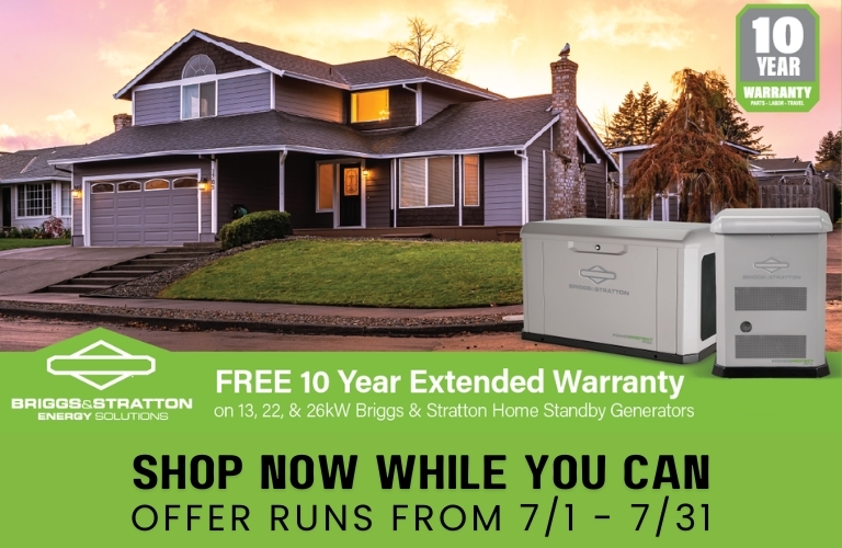 Briggs & Stratton Sale Banner: A Briggs & Stratton Generators overlay the image. Text reads: Free 10 year extended warranty on 13, 22, & 26kW Briggs HSB Generators