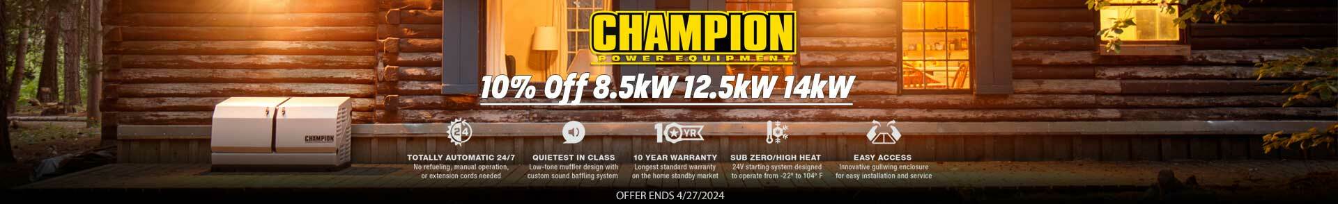 Champion Brand Banner. A Champion Standby Generator Stands Against a Home. There is light from the windows. Overlay text reads: Whole House Automatic Home Standby Generator Systems. Industry Leading 10 Year Limited Warranty.