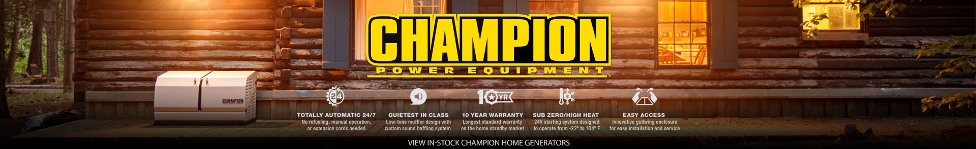 Champion Banner. A Champion Standby Generator Stands Against a Home. 