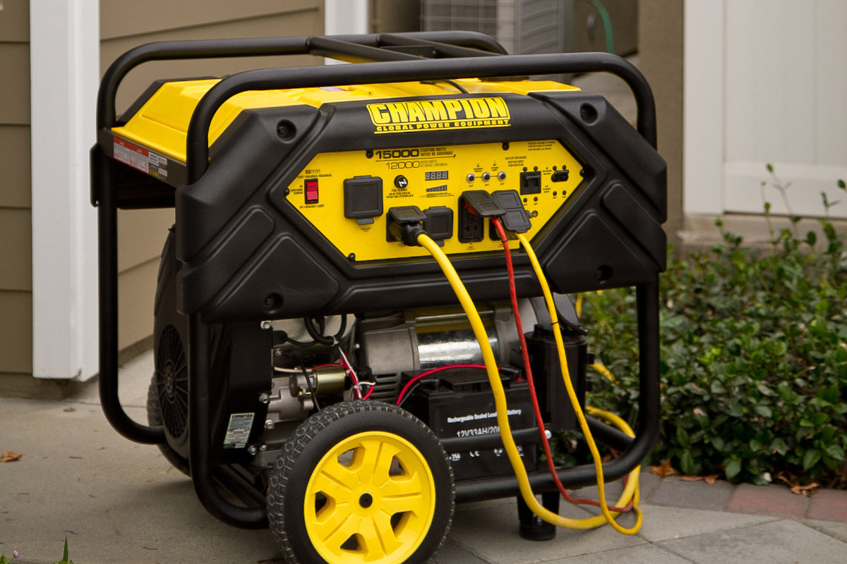 The Champion 12000 Watt Portable Generator connected through extensions cords.