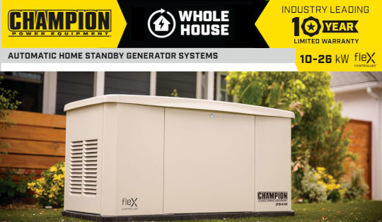 Champion Brand Banner. A Champion Standby Generator Stands Against a Home. There is light from the windows. Overlay text reads: Whole House Automatic Home Standby Generator Systems. Industry Leading 10 Year Limited Warranty.