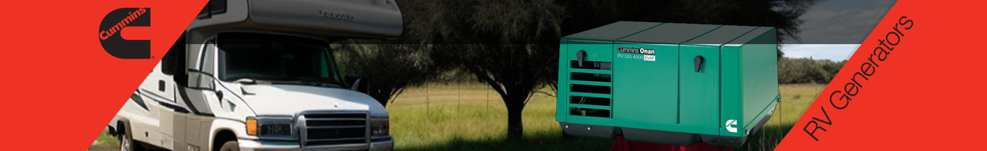 Cummins Onan RV Generator Banner.  A Cummins RV is pictured against an outdoors background of trees and grass with a class C RV. The Cummins logo is left, RV generators text to the right.
