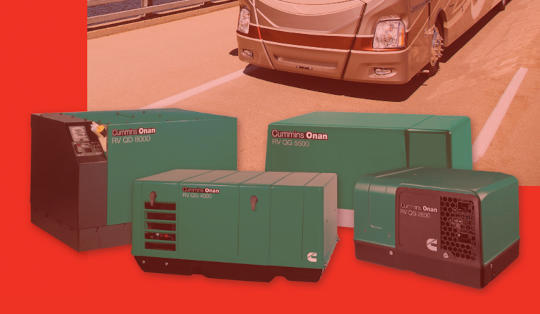Cummins Onan RV Generator Banner.  A Cummins RV is pictured against an outdoors background of trees and grass with a class C RV. The Cummins logo is left, RV generators text to the right.