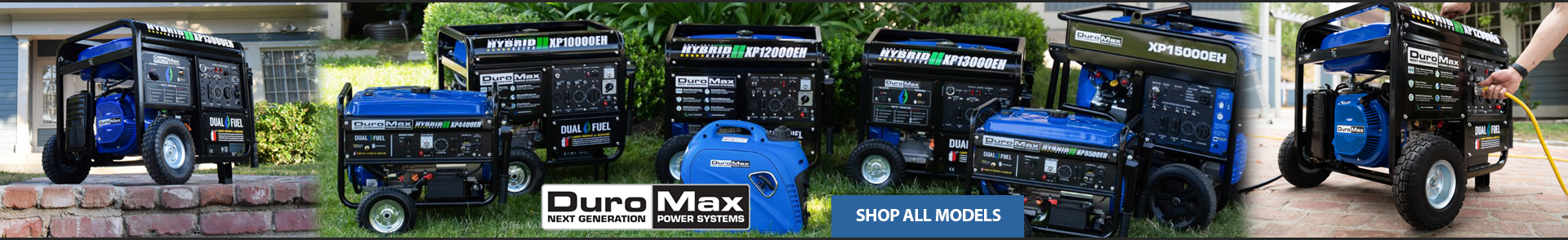DuroMax Brand Banner. A man connects a DuroMax Portable Generator to the natural gas supply on his Home. The Generator is on the driveway. A heavy duty generator cord connects the generator the transfer switch inlet box located on the house. Text reads: DuroMax. Powering Everyone...Everywhere