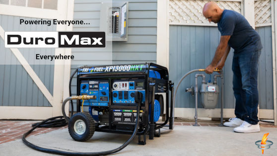 DuroMax Brand Banner. A man connects a DuroMax Portable Generator to the natural gas supply on his Home. The Generator is on the driveway. A heavy duty generator cord connects the generator the transfer switch inlet box located on the house. Text reads: DuroMax. Powering Everyone...Everywhere