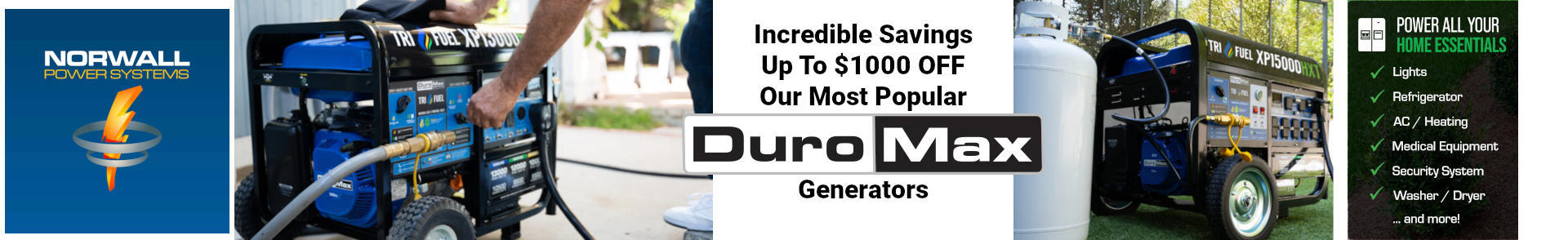 DuroMax Brand Banner. A man connects a DuroMax Portable Generator to the natural gas supply on his Home. The Generator is on the driveway. A heavy duty generator cord connects the generator the transfer switch inlet box located on the house. Text reads: DuroMax. Powering Everyone...Everywhere