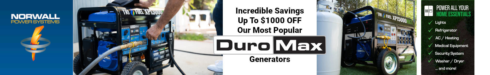 DuroMax Brand Banner. A man connects a DuroMax Portable Generator to the natural gas supply on his Home. The Generator is on the driveway. A heavy duty generator cord connects the generator the transfer switch inlet box located on the house. Text reads: DuroMax. Powering Everyone...Everywhere