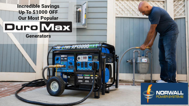 DuroMax Brand Banner. A man connects a DuroMax Portable Generator to the natural gas supply on his Home. The Generator is on the driveway. A heavy duty generator cord connects the generator the transfer switch inlet box located on the house. Text reads: DuroMax. Powering Everyone...Everywhere