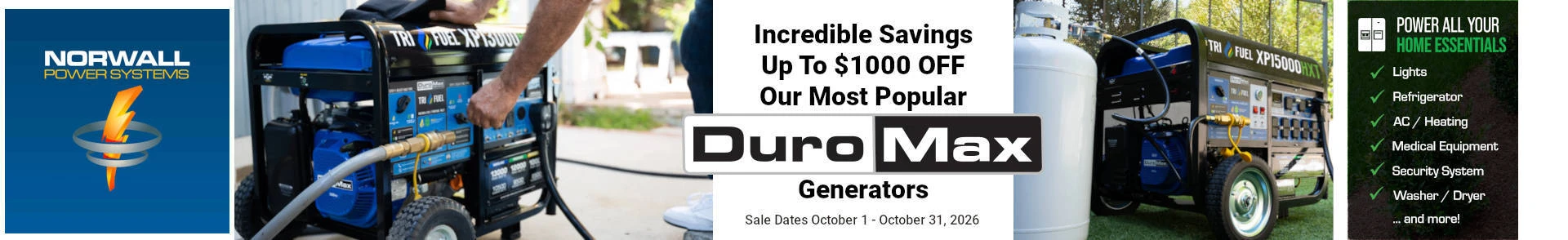 DuroMax Brand Banner. A man connects a DuroMax Portable Generator to the natural gas supply on his Home. The Generator is on the driveway. A heavy duty generator cord connects the generator the transfer switch inlet box located on the house. Text reads: DuroMax. Powering Everyone...Everywhere