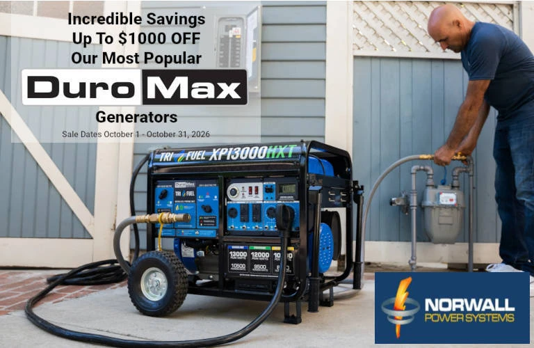 DuroMax Brand Banner. A man connects a DuroMax Portable Generator to the natural gas supply on his Home. The Generator is on the driveway. A heavy duty generator cord connects the generator the transfer switch inlet box located on the house. Text reads: DuroMax. Powering Everyone...Everywhere