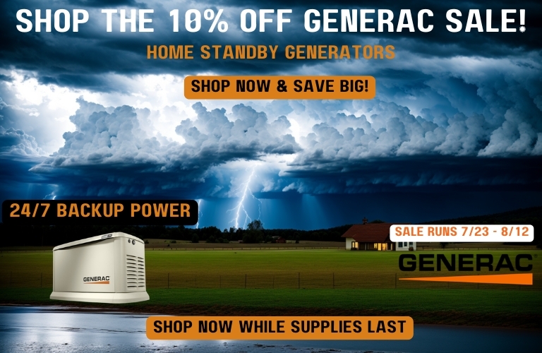 Generac Sale Banner. A city under stormy skies with a Generac generator. Text reads: Shop the Generac 10% Off Sale! Sale Runs 7/23 - 8/12