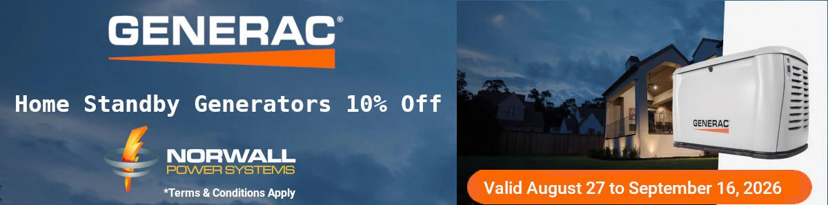 Generac Sale Banner: Text Reads: Home Standby Generators 10% Off - Valid August 27 - September 16