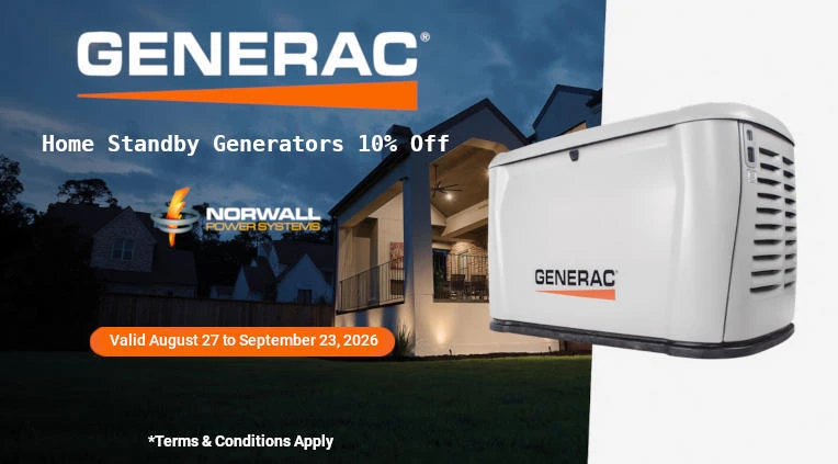 Generac Sale Banner: Text Reads: Home Standby Generators 10% Off - Valid August 27 - September 23