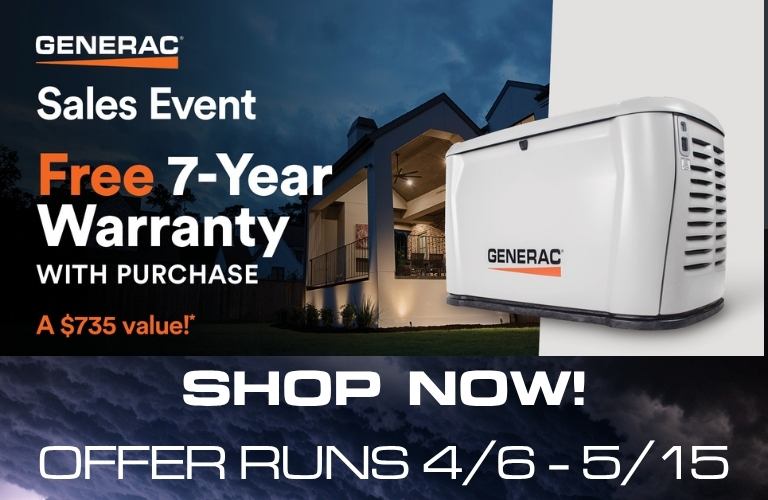 Generac Sale Banner. A generator in the middle of a storm. Text reads: Free 7 Year Warranty with Purchase