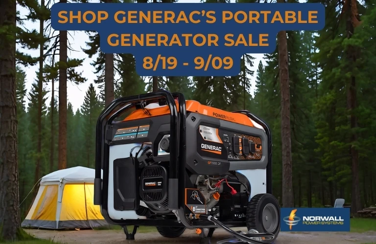Generac Portable Sale Banner: A portable Generac generator in the woods. Text Reads: Shop Generac's Portable Generator Sale from 8/19 - 9/09