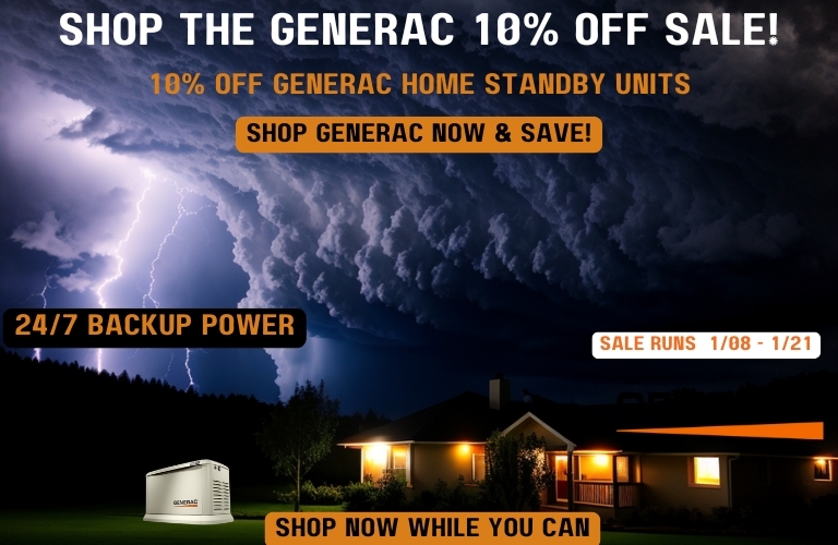 Generac sale banner. A cabin in the now, a light on in the dark. Text reads: Now Get 10% Off All Generac Guardians. Offer valid 1/08 - 1/21.