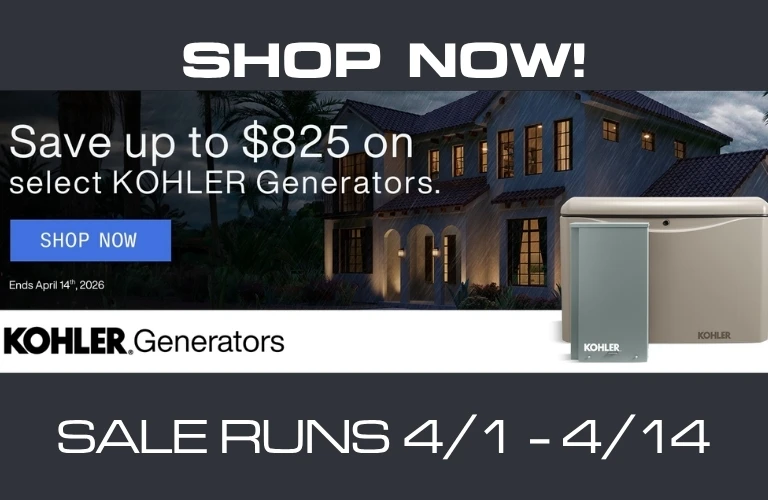 Kohler Brand Sale Banner. Far right is an image of a Kohler Home Standby Generator. Left is a banner that says $800 off select Kohler generators.