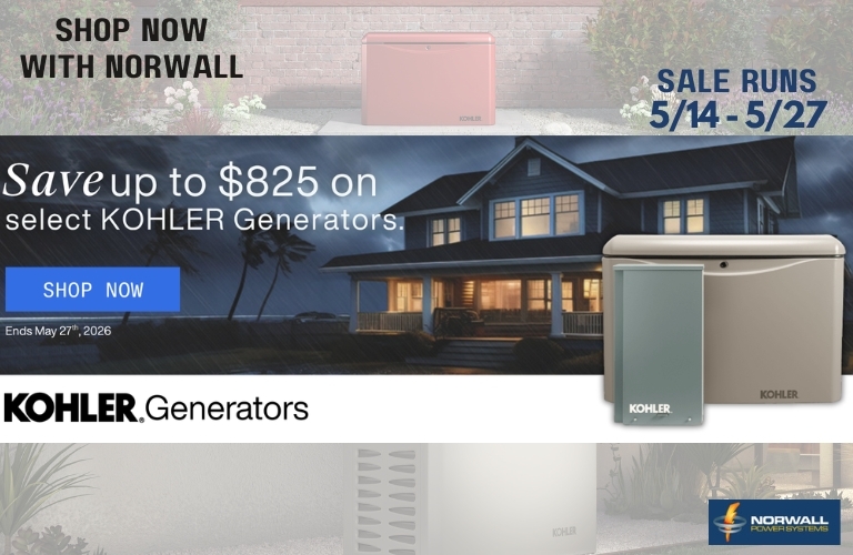 Kohler Sale Banner. Text Reads: Save up to $825 on Select Kohler Generators. Sale Runs 5/14 - 5/27