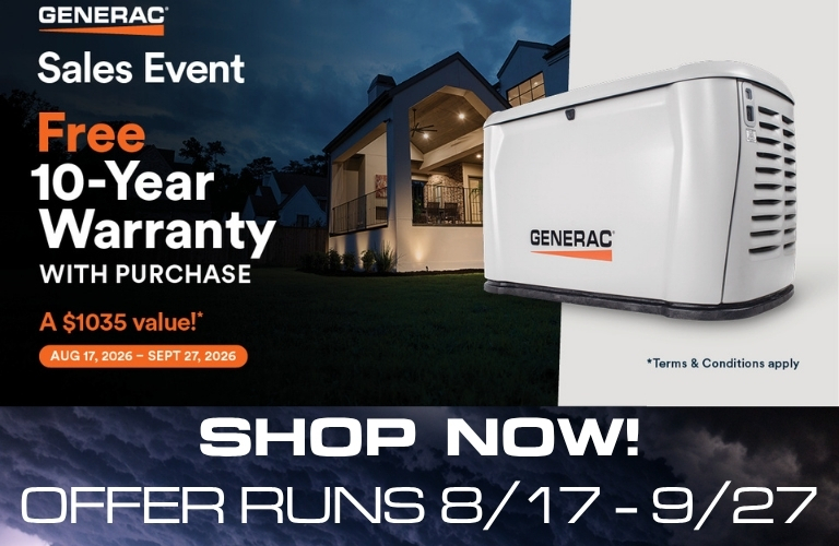 Generac 10 Year Warranty Banner. A city under stormy skies with a Generac generator. Text reads: Free 10 Year Warranty with Purchase!