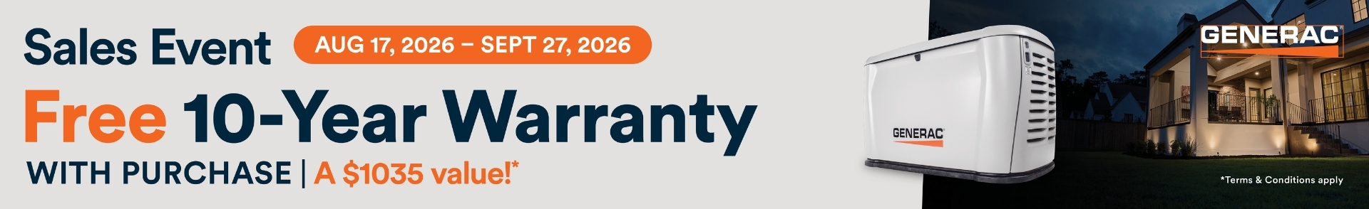 Generac 10 Year Warranty Banner. A city under stormy skies with a Generac generator. Text reads: Free 10 Year Warranty with Purchase!