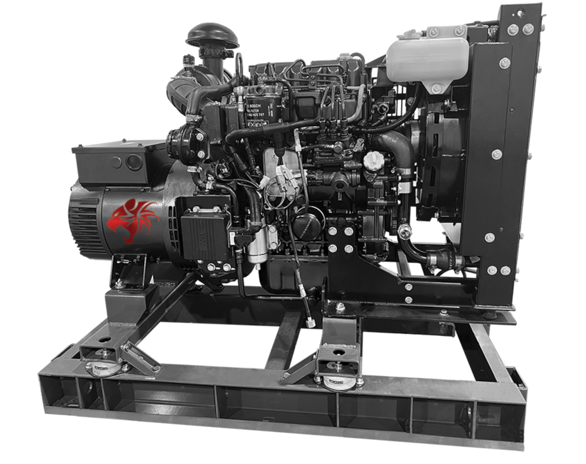 The Wildcat Frontier Open Frame Generator on attached skit, Visible are the diesel engine, alternator, and electrical box.