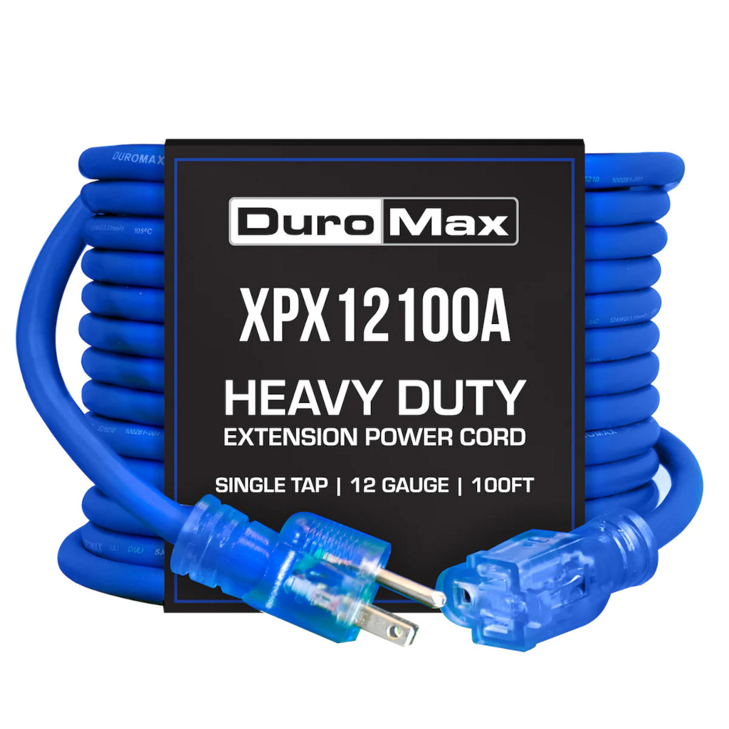 DuroMax XPX12100A100 ft Power Cord. Blue, Premium Heavy Duty TPE Sheath, Lighted Tap Outlet, and 120-Volt Plug.